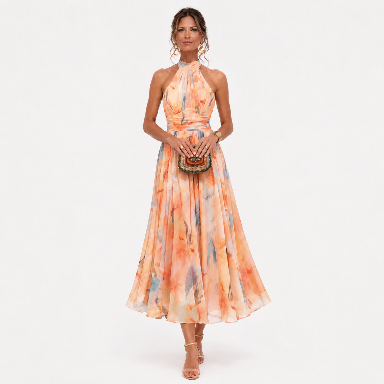 Women’s Watercolour Halterneck Maxi Dress