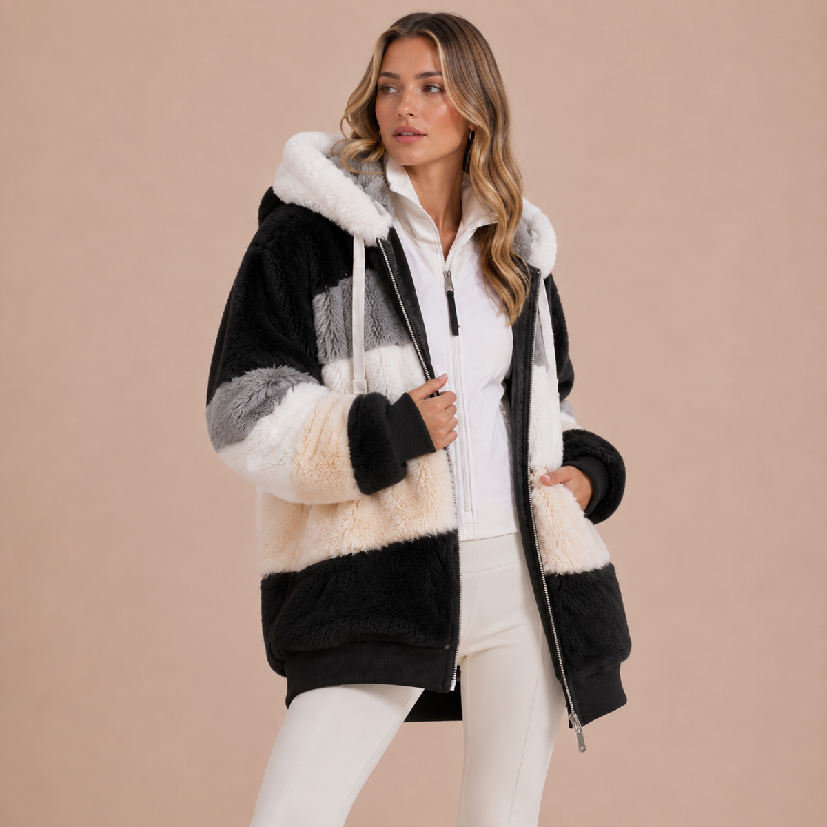 Women’s Hooded Patchwork Jacket | Zip Fastening