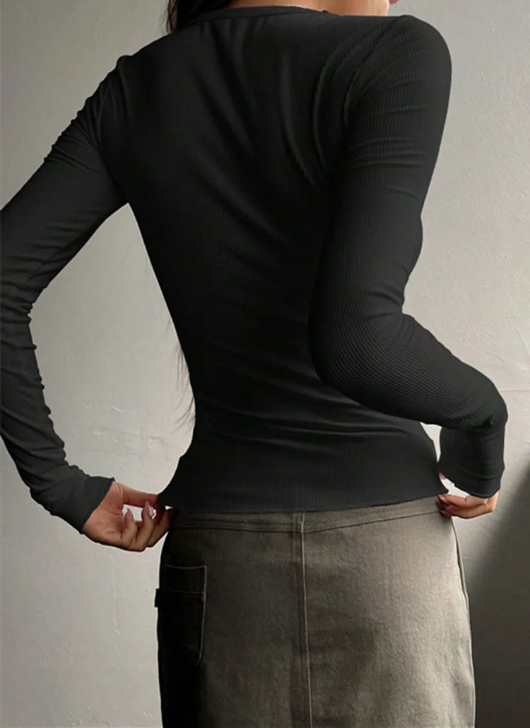 Women’s Ribbed Henley Long Sleeve Top