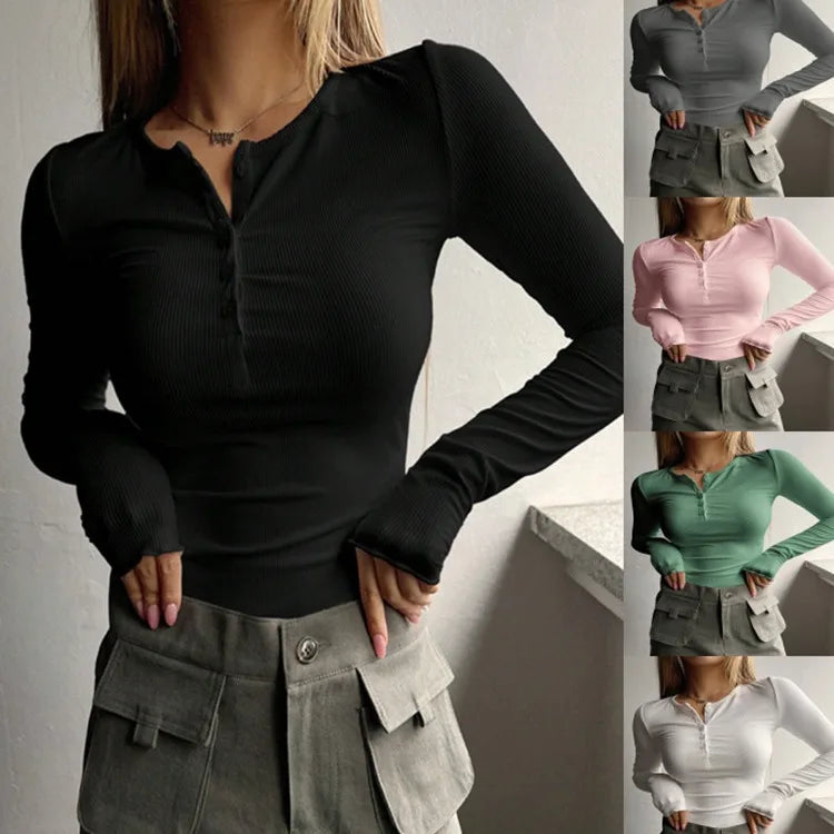 Women’s Ribbed Henley Long Sleeve Top